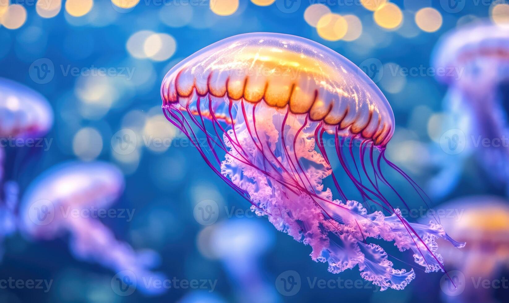 A jellyfish is floating in the ocean with other jellyfish in the background photo
