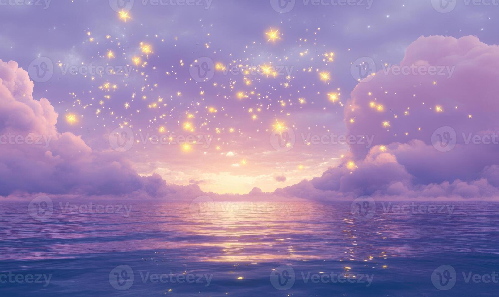 A beautiful sky with a purple and pink sunset and a lot of stars photo