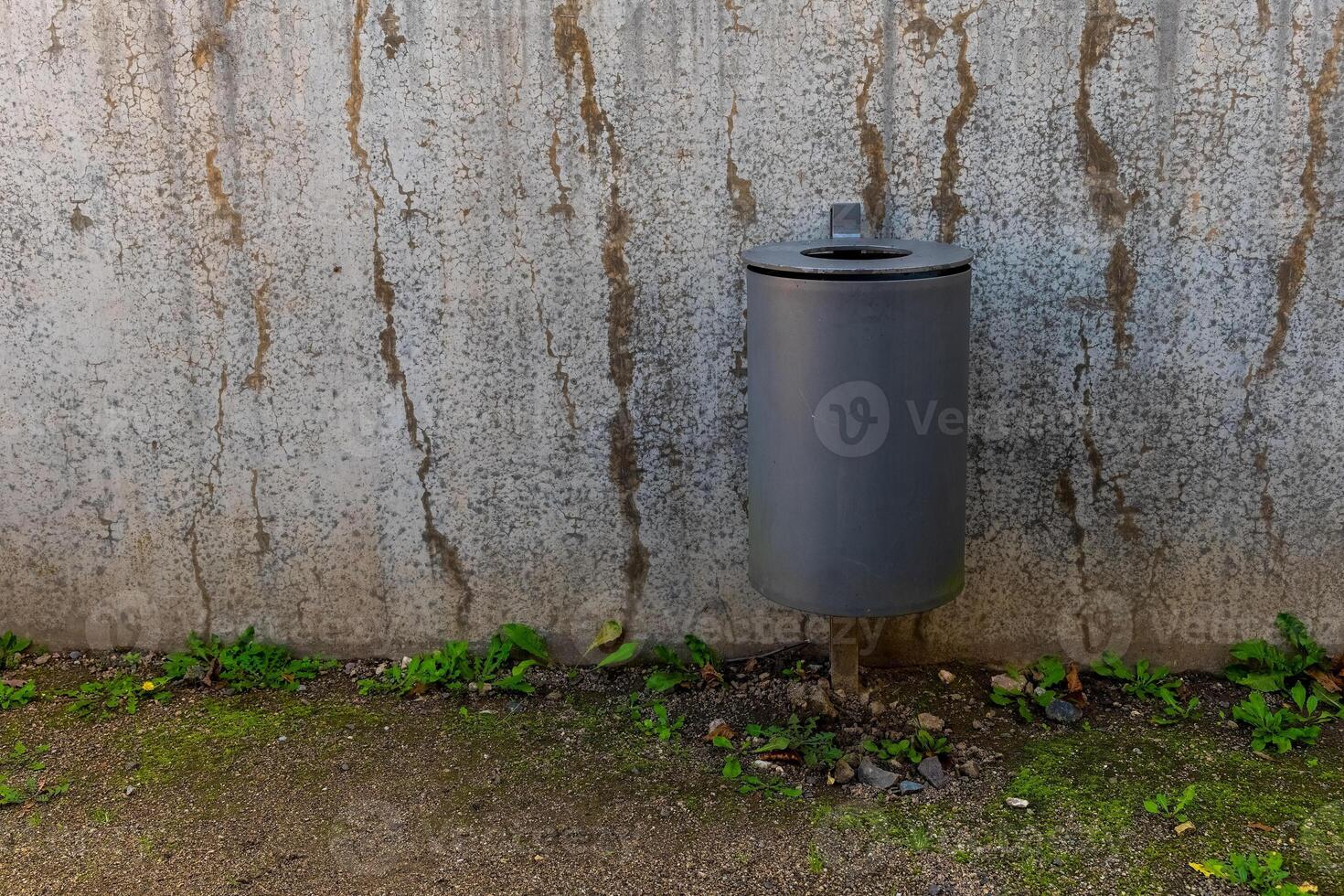 A gray trash can stands against a textured wall, with green plants growing at its base photo