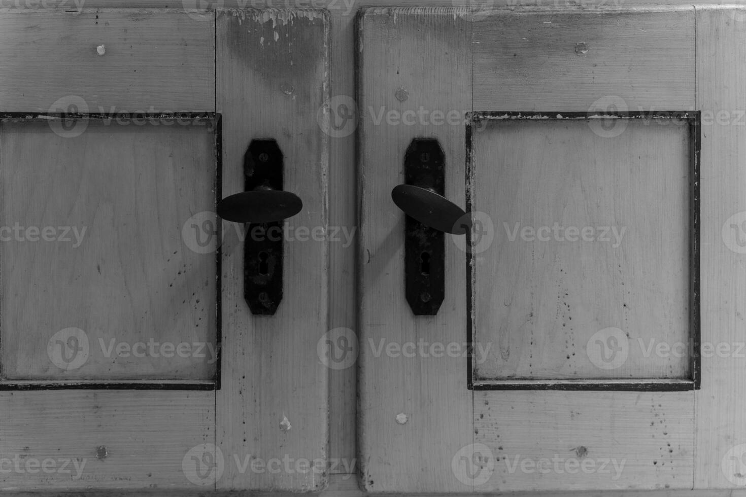 A close-up of two closed cabinet doors with black handles, showing the details of the wood grain and the aged paint photo