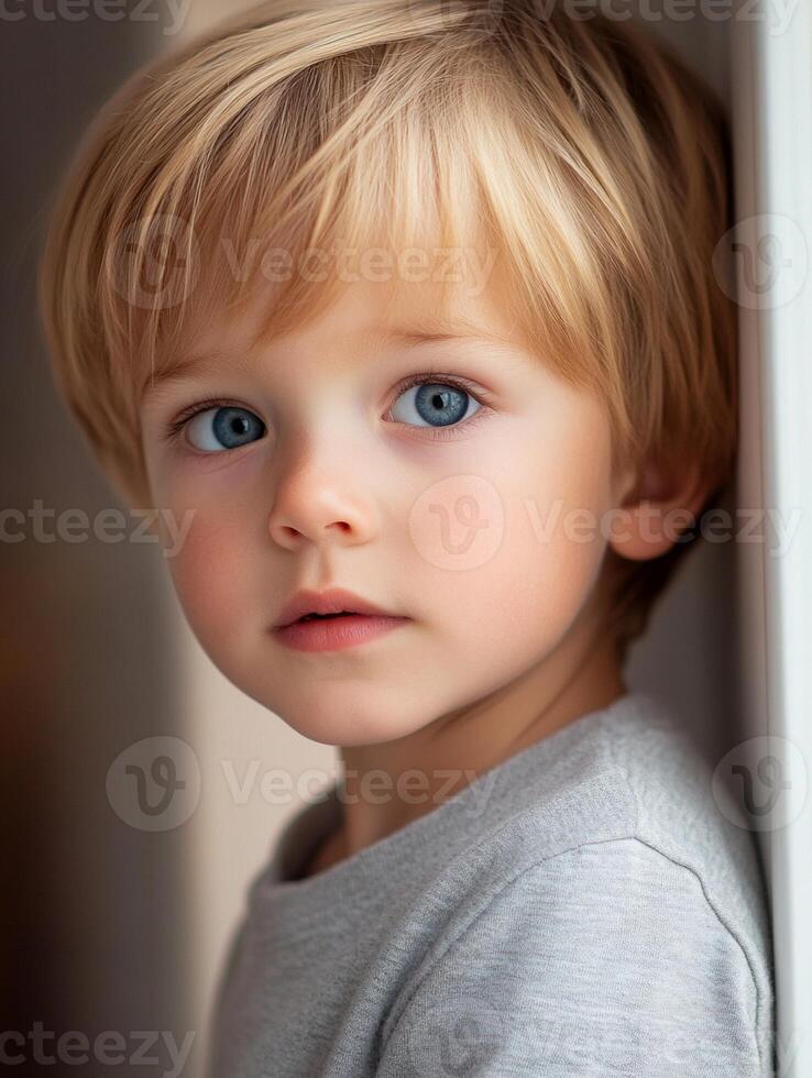 A young boy with blue eyes looking at the camera photo