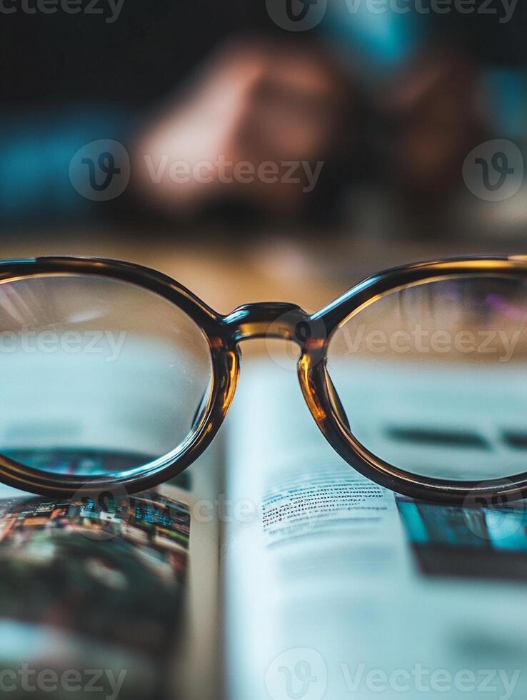 A pair of glasses sits on top of a magazine photo