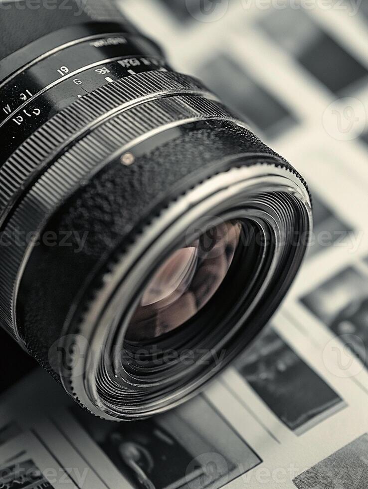 A camera lens is sitting on top of a photo album