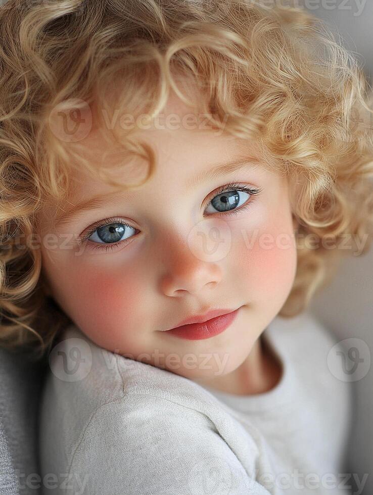 A young child with curly hair and blue eyes photo