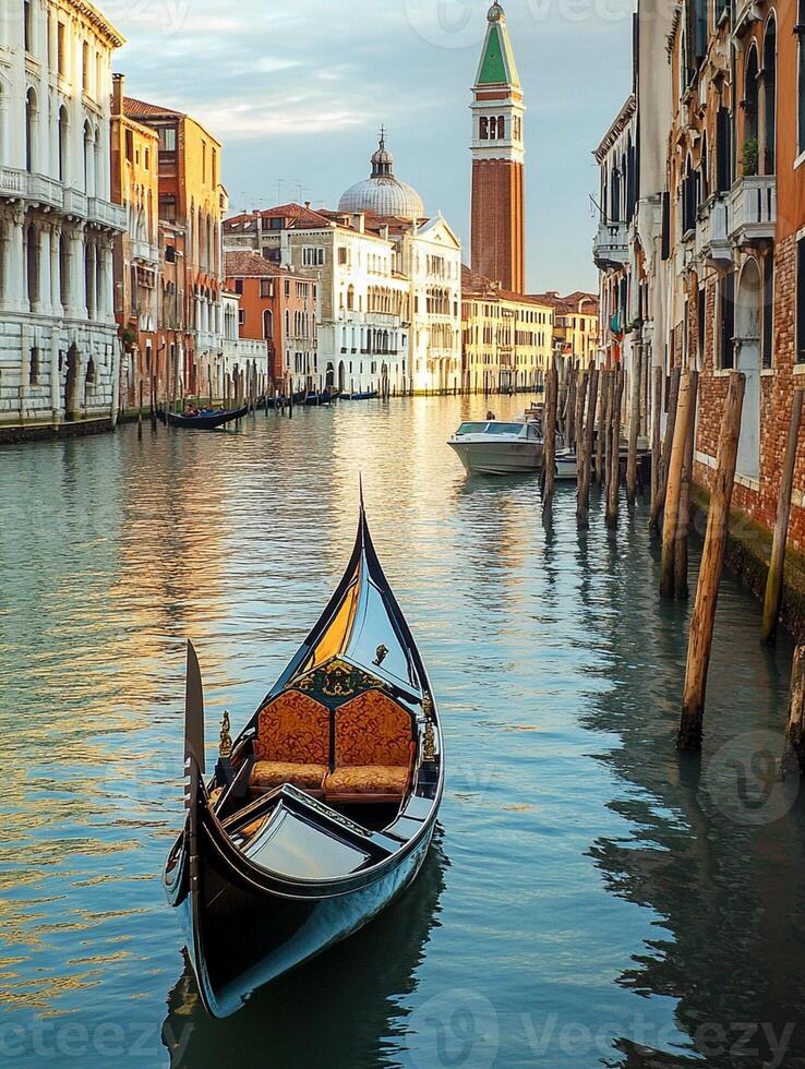 A gondola sits on the water in venice photo