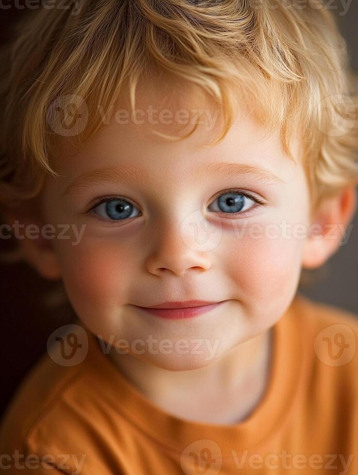 A young boy with blue eyes and blonde hair photo