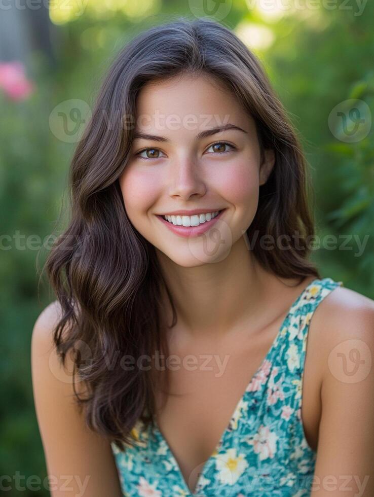 A beautiful young woman with long brown hair smiling photo