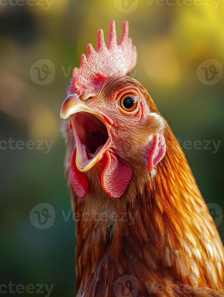 A close up of a chicken with its mouth open photo