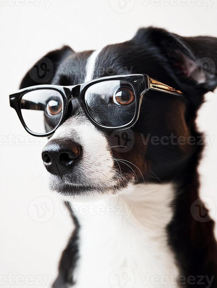 A dog wearing glasses on a white background photo