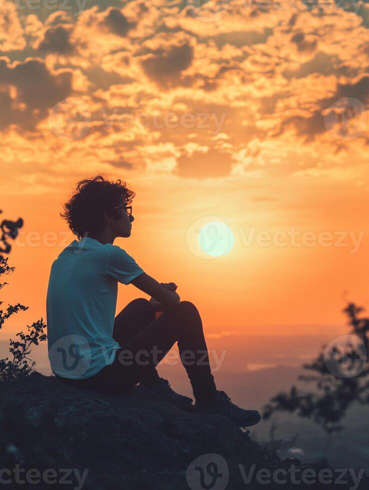 A man sitting on a rock at sunset photo