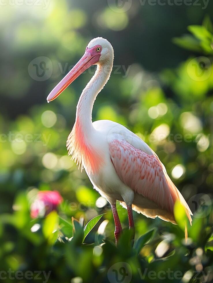 A pink and white bird with a long beak photo