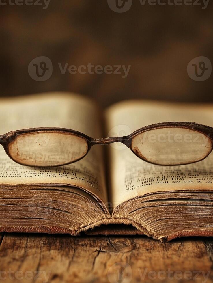 An old book with glasses on top of it photo