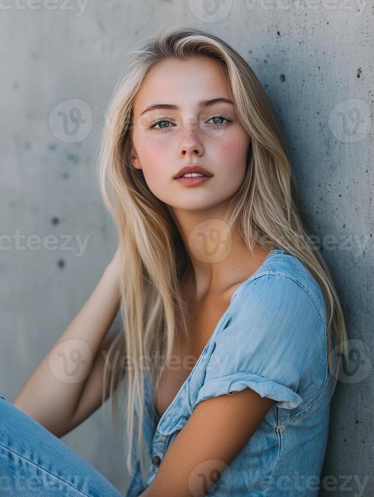 A beautiful blonde woman sitting against a concrete wall photo