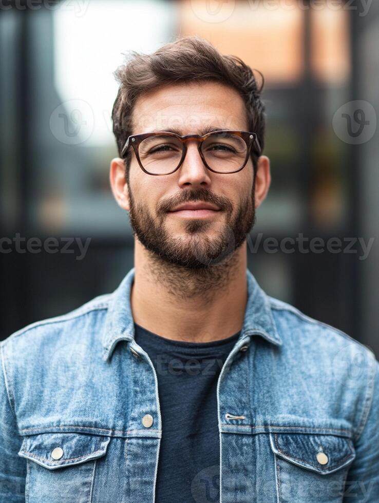 Portrait of handsome young man with glasses and denim jacket photo