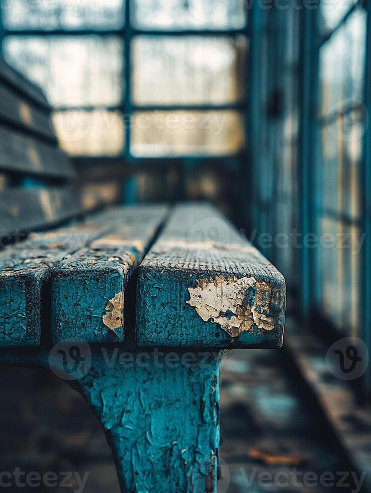 A bench with peeling paint and a window in the background photo