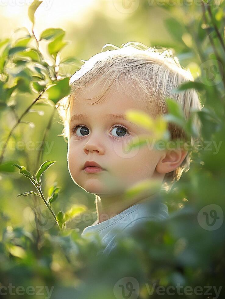 A young boy is looking out from behind some bushes photo
