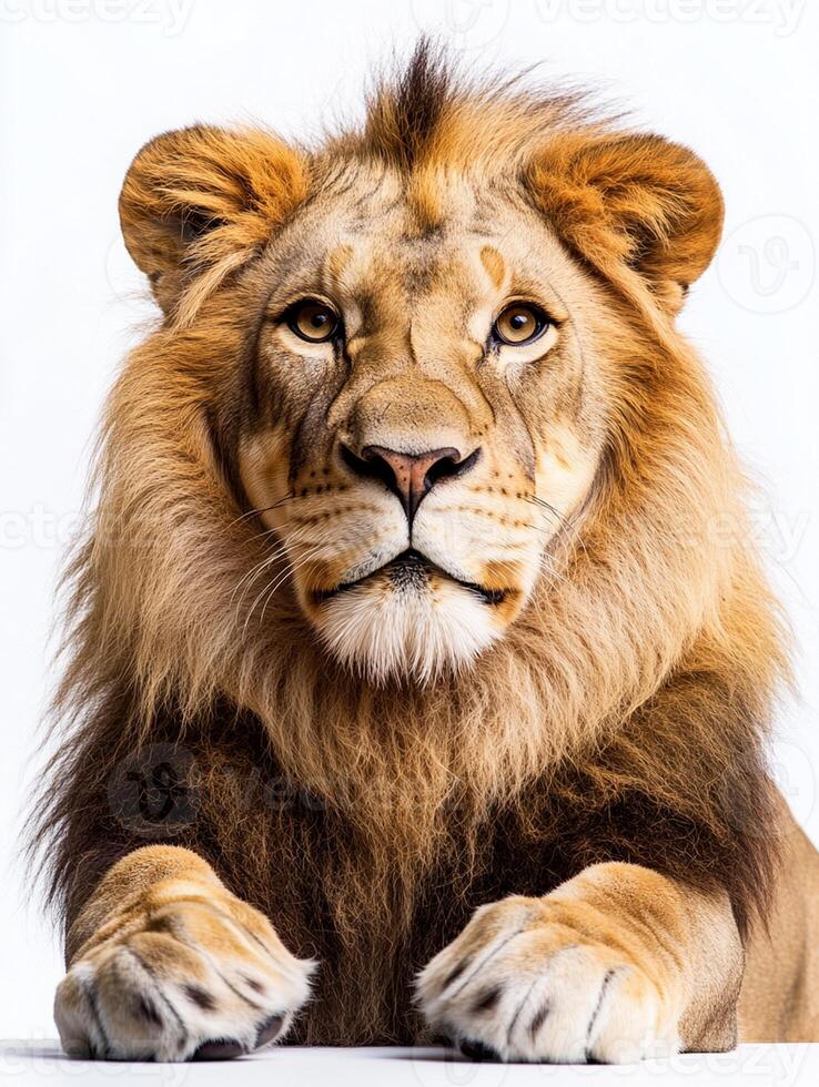 A lion is sitting down and looking at the camera photo