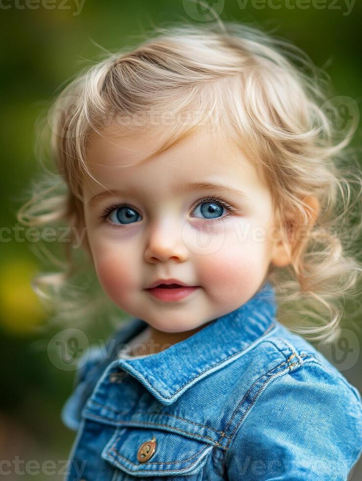 A little girl with blue eyes wearing a denim jacket photo