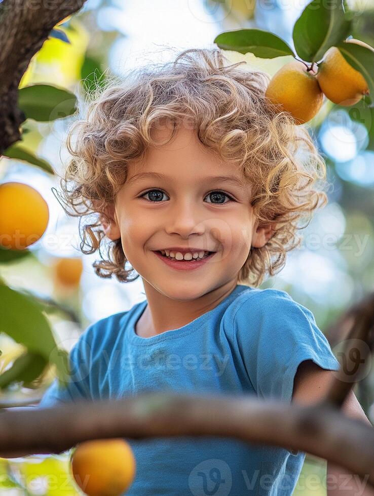 A young boy smiles while standing in front of a tree photo