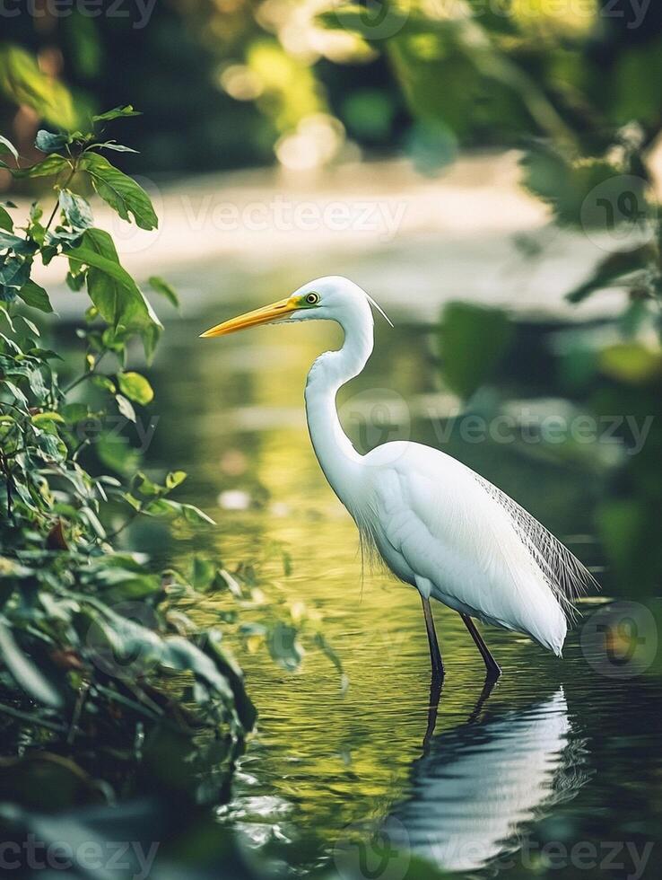 A white bird standing in the water near some bushes photo