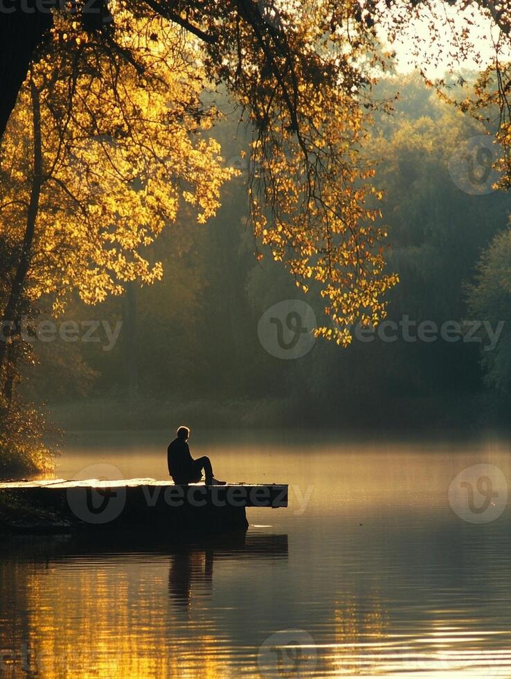 A person sitting on a dock in the middle of a lake photo