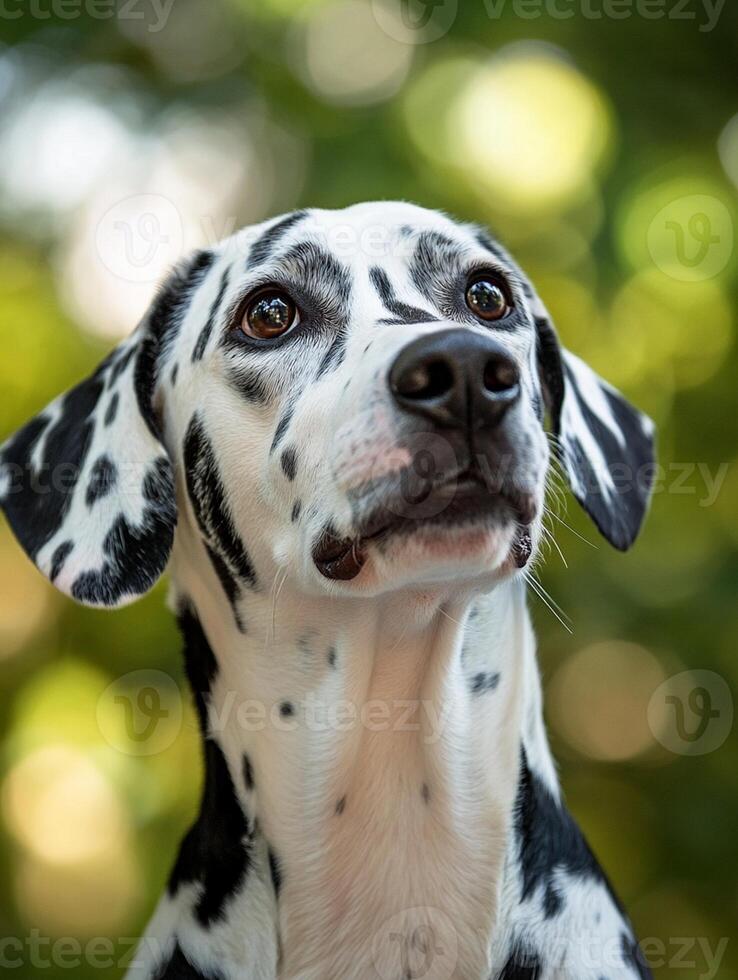 A dalmatian dog looking up at the sky photo