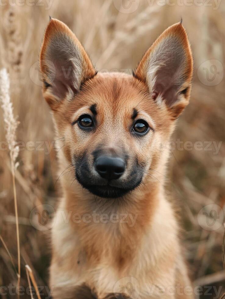 A small brown dog sitting in tall grass photo