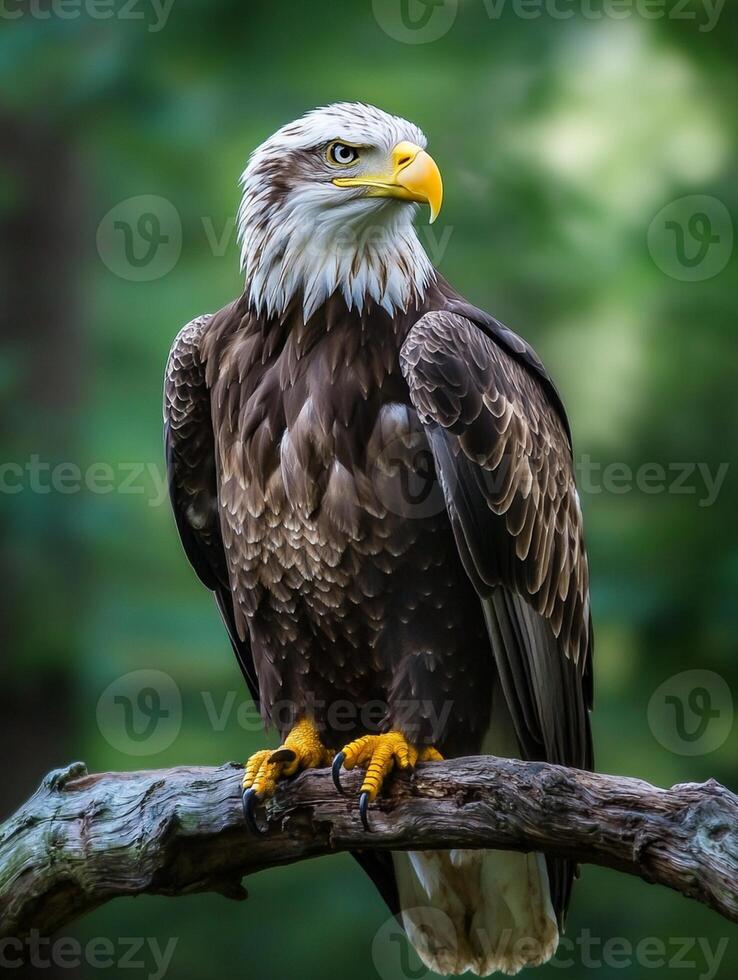 An eagle is sitting on a branch in the woods photo