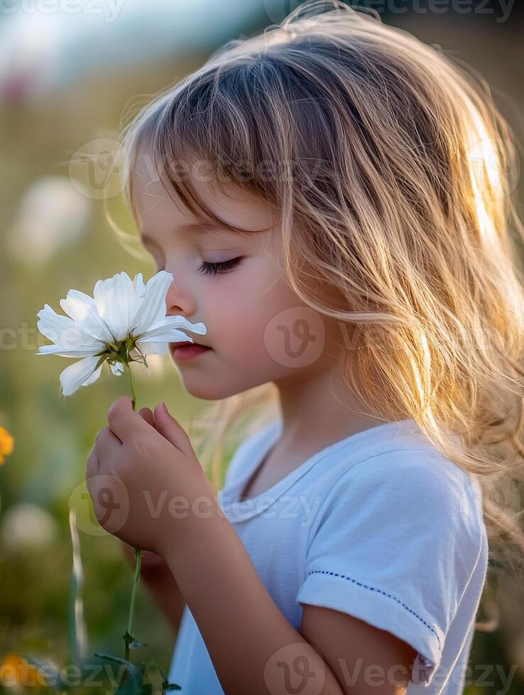 A little girl is smelling a flower in a field photo