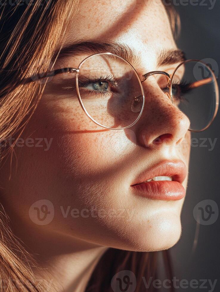 A woman with glasses and freckles photo