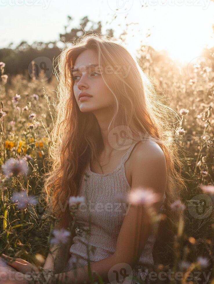 A woman sitting in a field of flowers photo