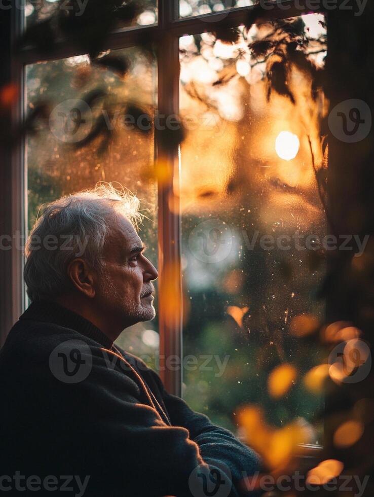 An older man looking out the window at the sunset photo