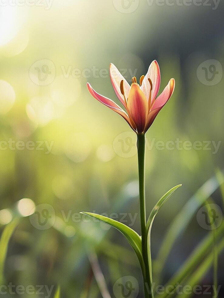 A single pink flower is standing in the grass photo