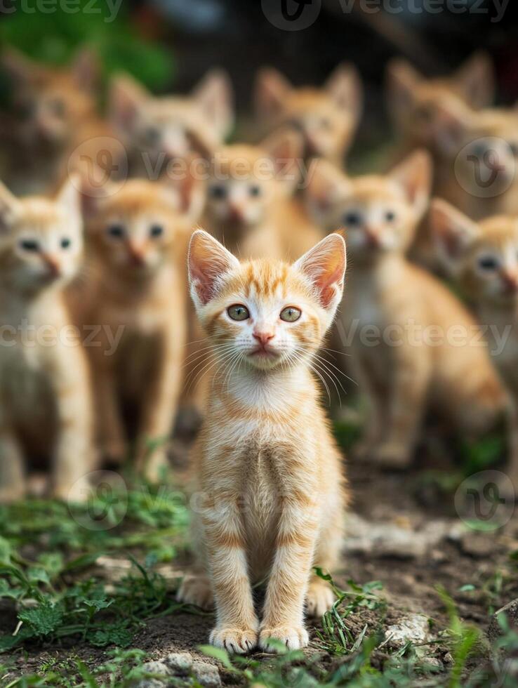 A group of small orange kittens standing in the grass photo