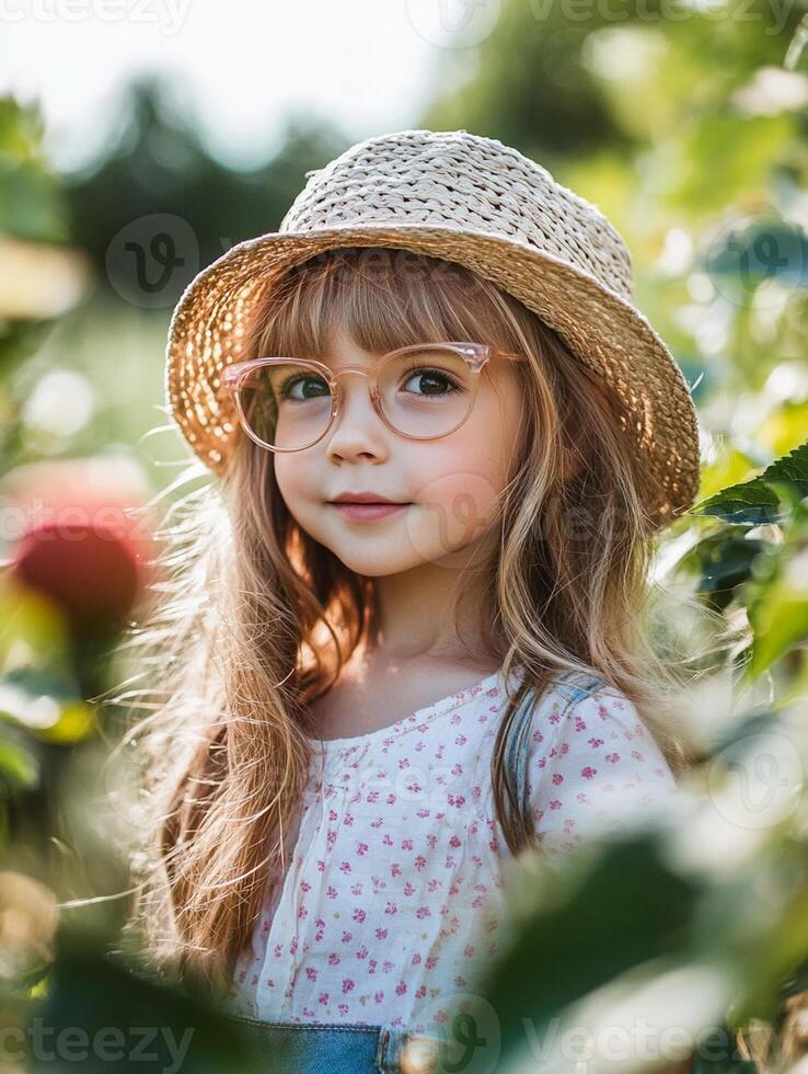 A little girl in a straw hat and glasses standing in a field photo
