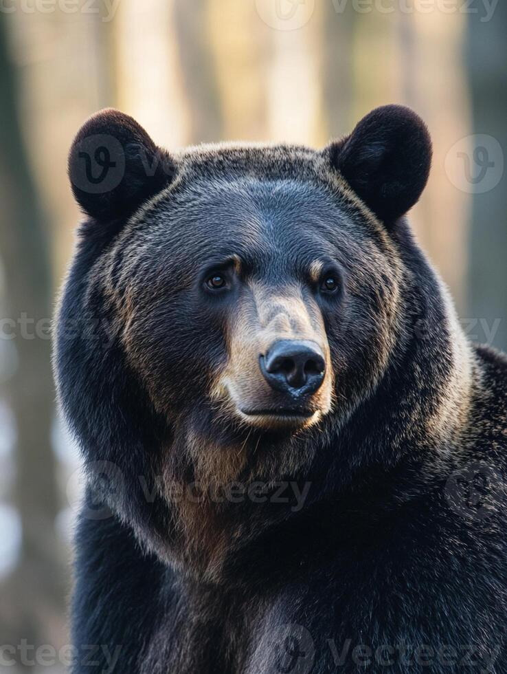A close up of a black bear in the woods photo
