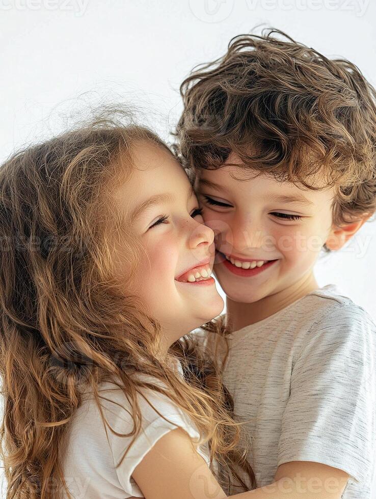 Two children are hugging each other and smiling photo