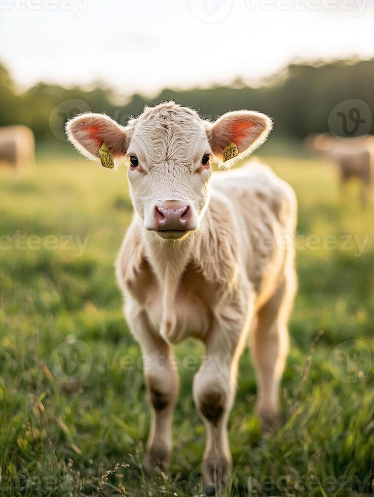 A small calf standing in a field with other cows photo