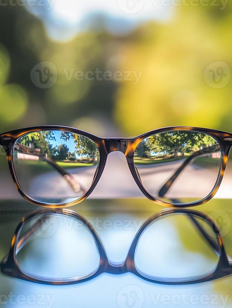 A pair of glasses with a reflection of the trees in the background photo
