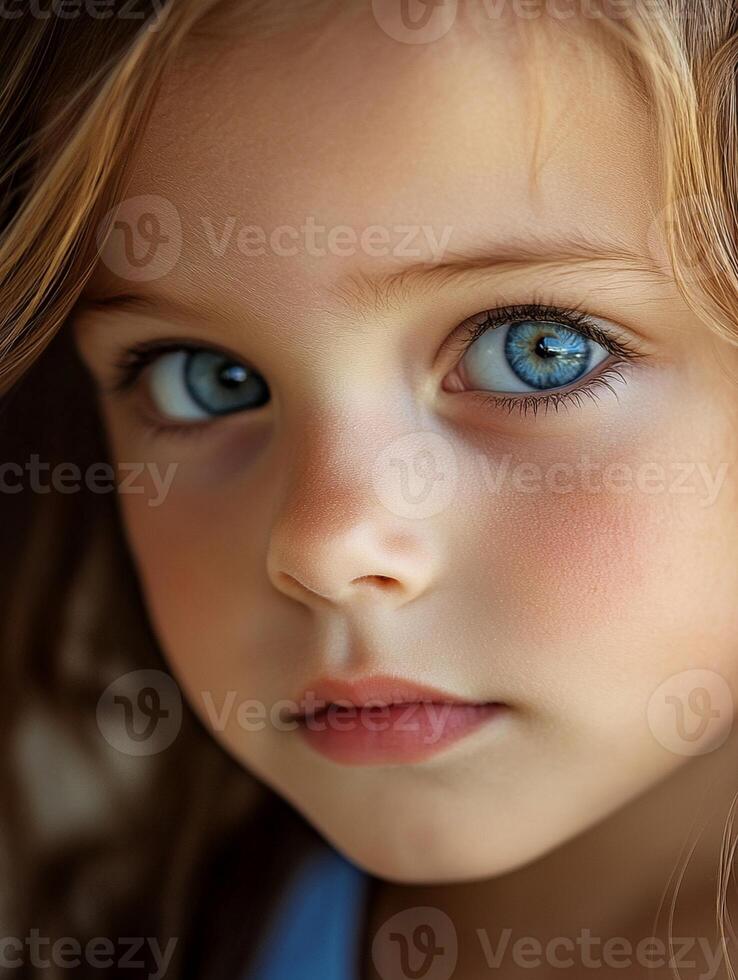 A close up of a young girl with blue eyes photo