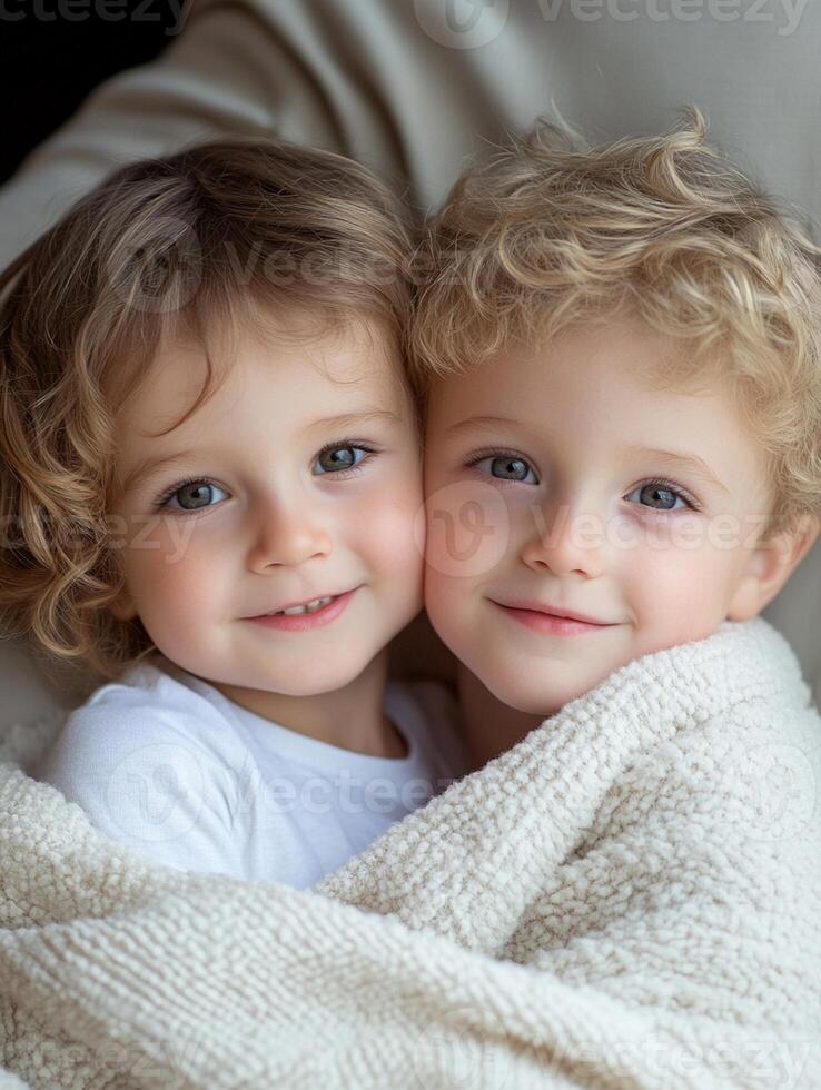 Two young children are wrapped in a blanket photo