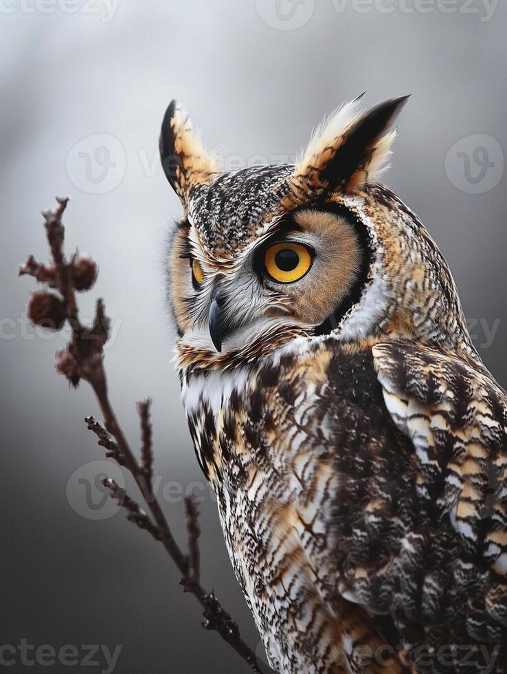 An owl is perched on a branch with a blurry background photo