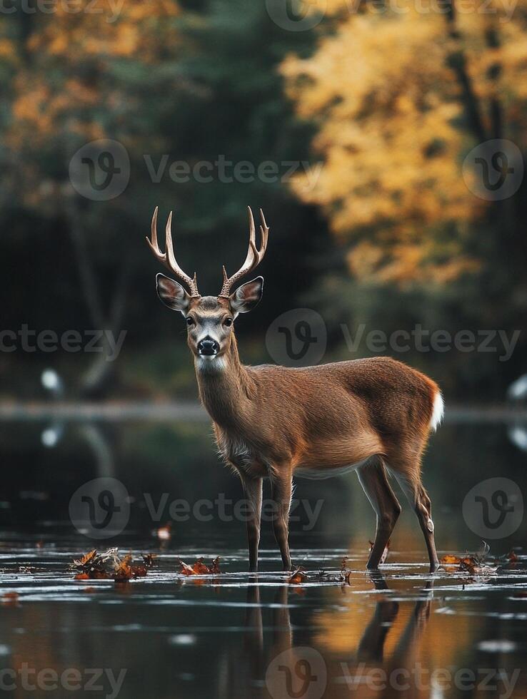 A deer standing in the water with leaves on the ground photo