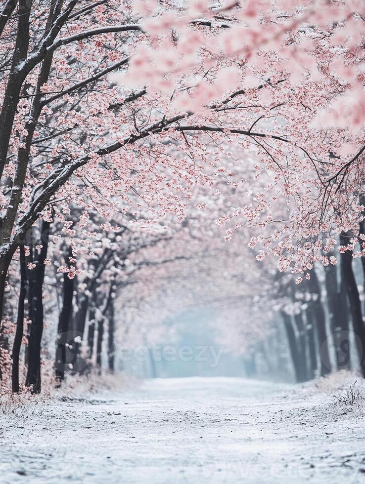 A path lined with pink trees in the snow photo