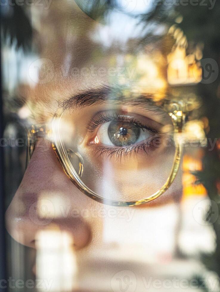 A woman wearing glasses looks out the window photo