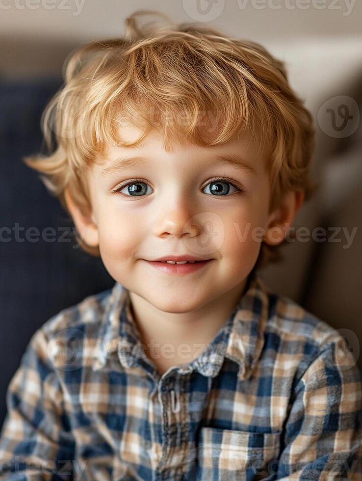 A young boy with blonde hair and blue eyes photo