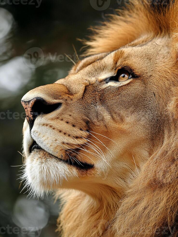 A close up of a lion's face photo