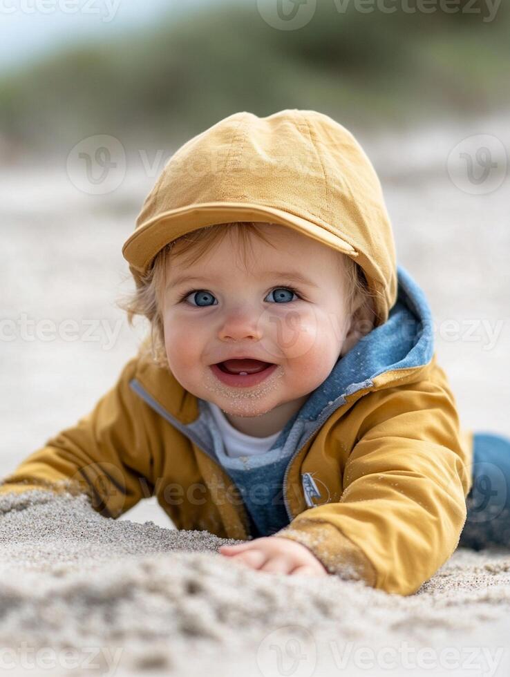 A baby in a yellow jacket and hat on the beach photo