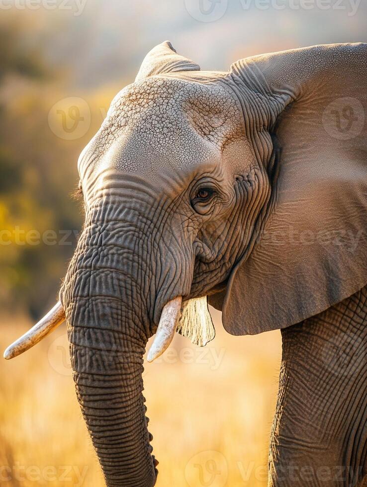 An elephant with tusks standing in a field photo