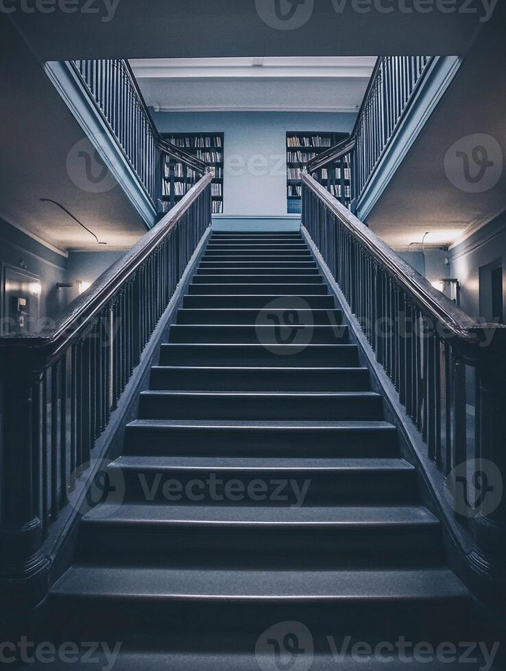 A staircase in a library with bookshelves photo
